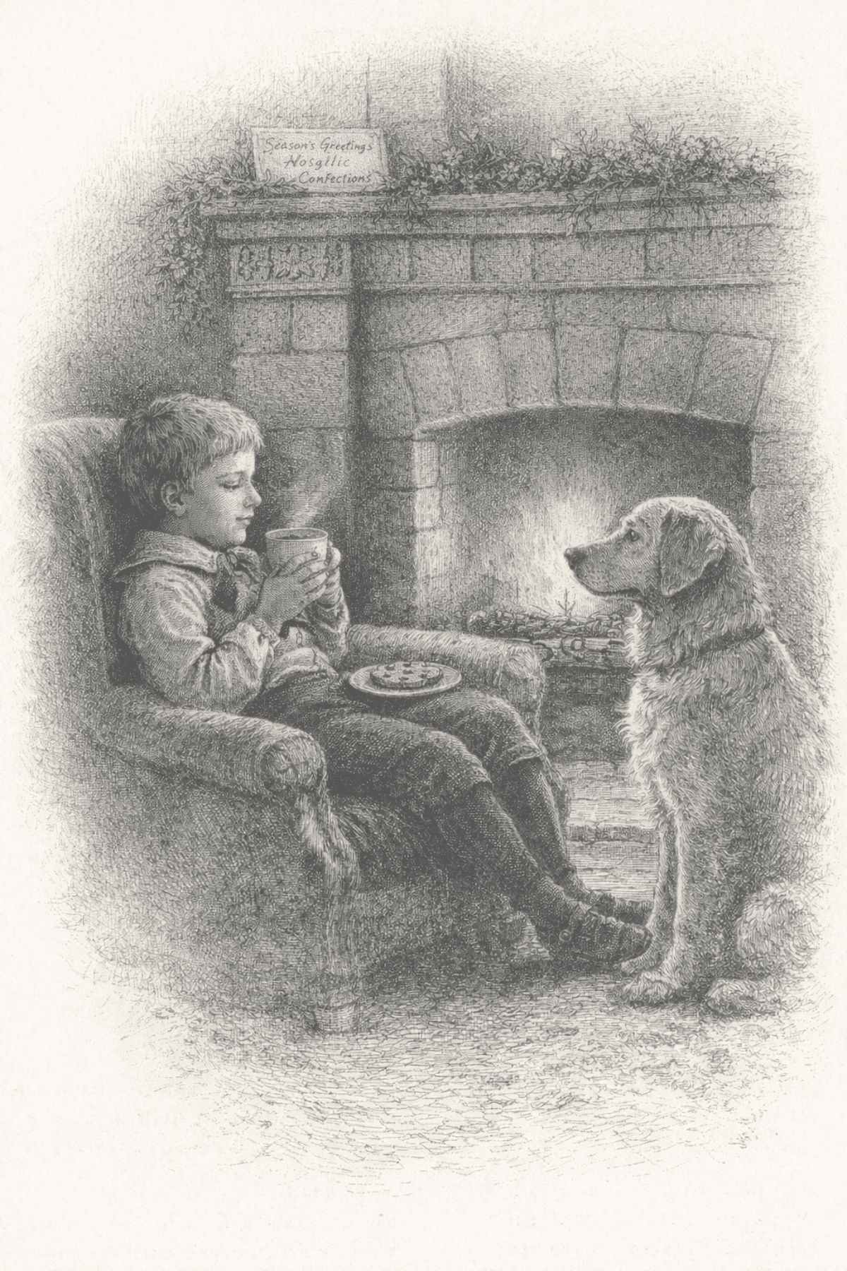 A woodblock-style black-and-white illustration showing a young child seated in a cushioned armchair beside a large stone fireplace. The child holds a cup with both hands and rests a small plate with food on their lap. A dog sits on the floor facing the child, positioned close to the chair. Inside the fireplace, a fire burns with visible flames and glowing embers. Above the mantel, greenery is draped along the stone surface, and a small rectangular sign rests on the mantel shelf with handwritten text that reads &ldquo;Season&rsquo;s Greetings Confections.&rdquo; The room appears enclosed and domestic, with textured stonework, soft shading, and fine cross-hatching throughout the scene. The image is framed with a light vignette that fades into the surrounding background.