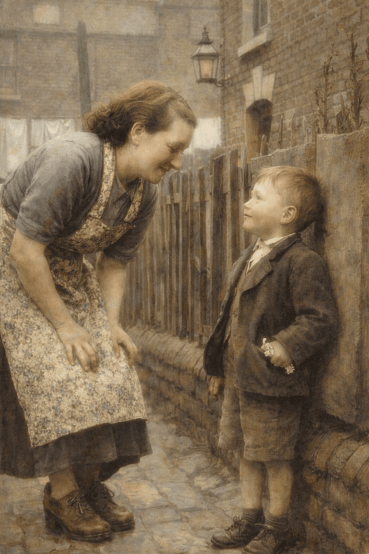 A softly painted scene on a narrow brick-lined street. A young child stands holding out a small object in his hand toward a woman who bends toward him, her attention entirely on the exchange. A wooden fence and weathered brick fill the background.
