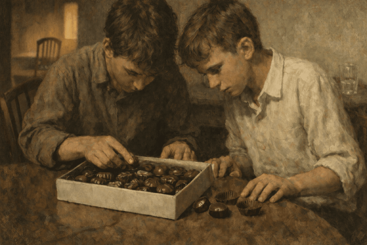 Painterly illustration of two boys leaning over an open box of assorted chocolates, poking the underside of the pieces with their fingers to find out what filling is inside.